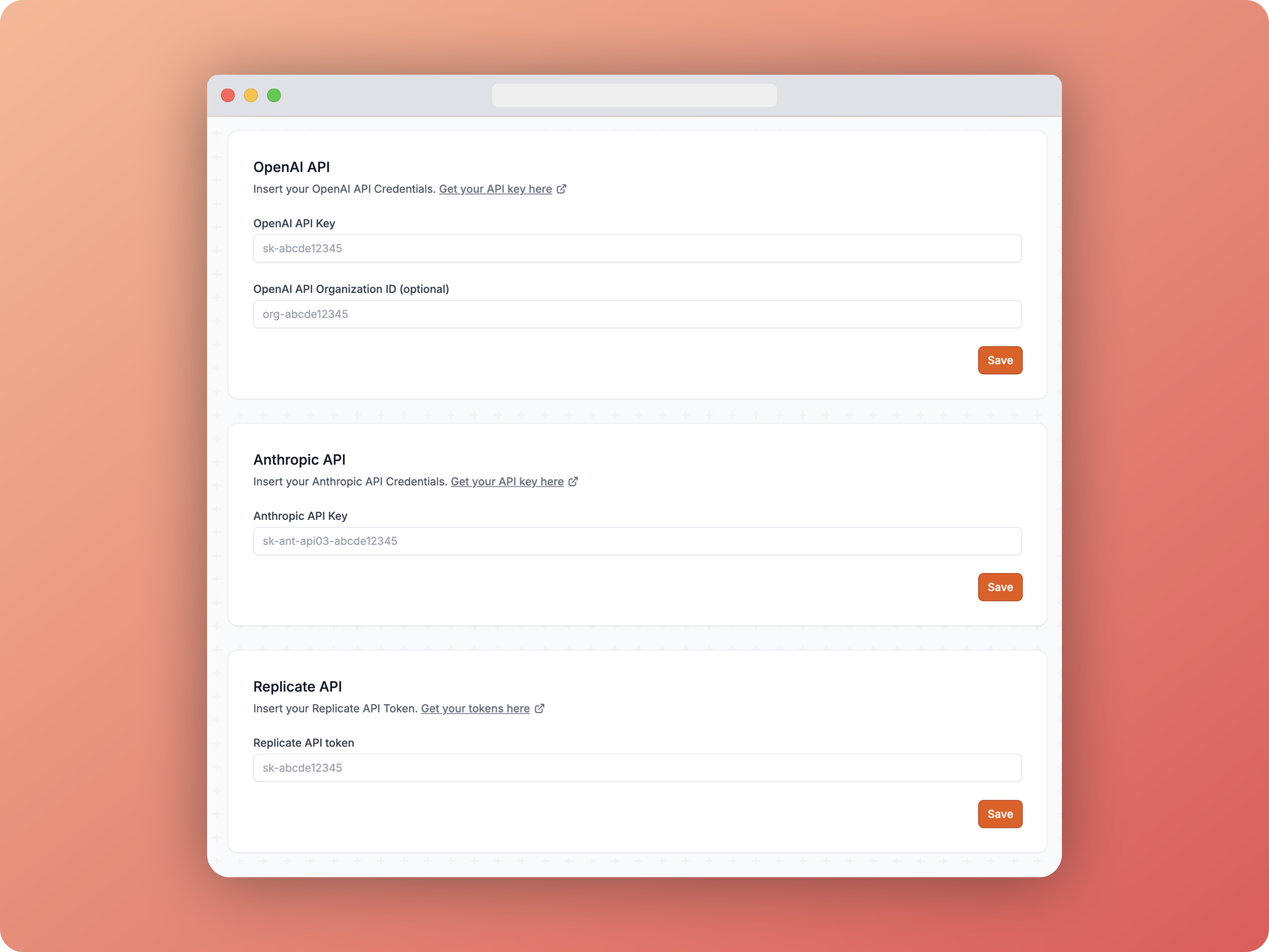 API keys page showing where to enter your API keys